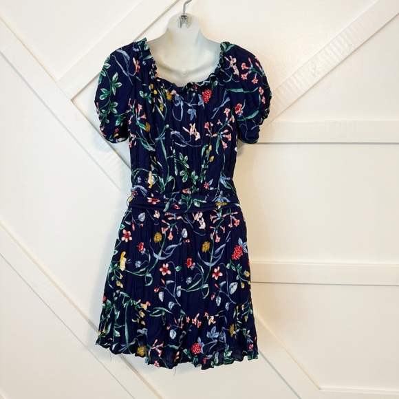 Slate & Willow Floral Print Tie Waist Puff Sleeve Scoop Neck Mini Dress Blue M - Picture 5 of 8